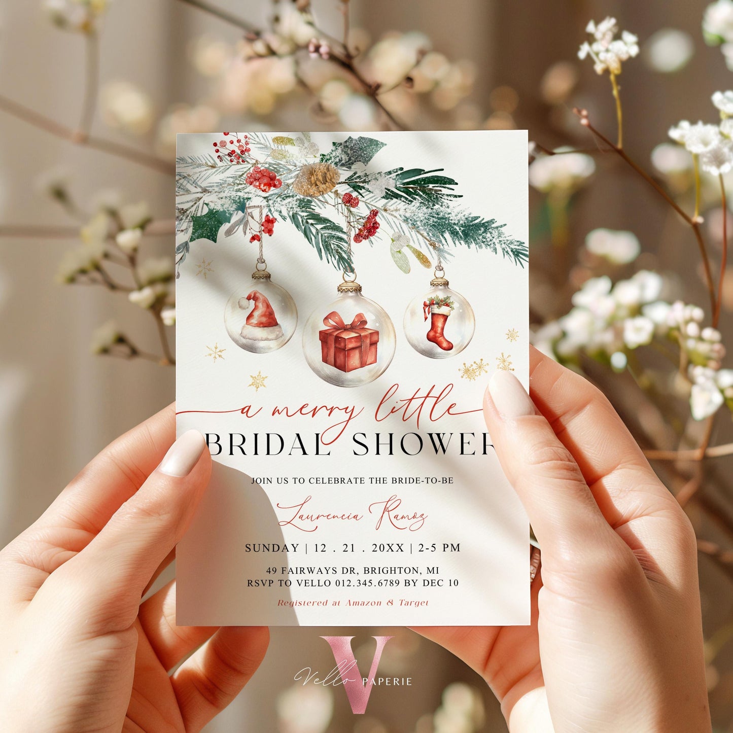 A Merry Little Bridal Shower Invitation | Winter Snow Neutral Bride to Be Invite | Modern Red Santa, Silver Christmas Tree Ball Glass WBD01