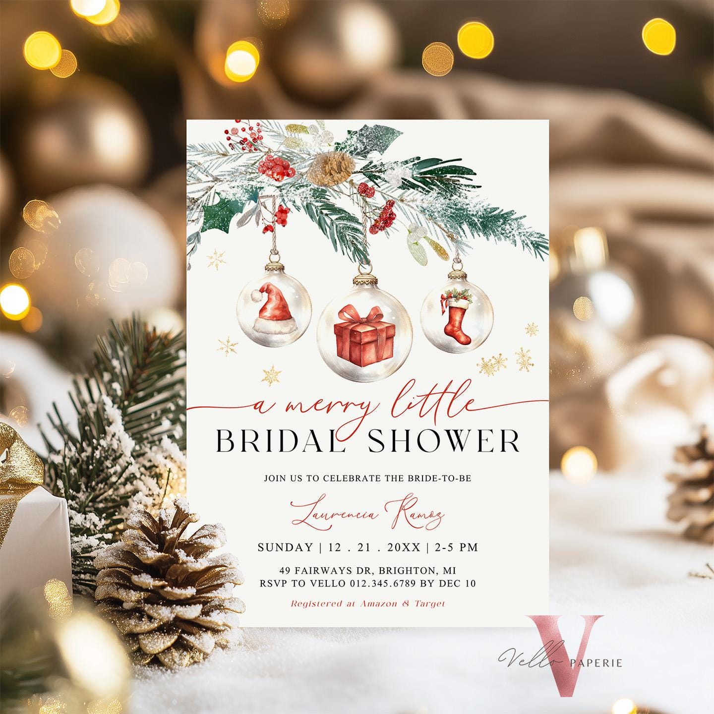 A Merry Little Bridal Shower Invitation | Winter Snow Neutral Bride to Be Invite | Modern Red Santa, Silver Christmas Tree Ball Glass WBD01