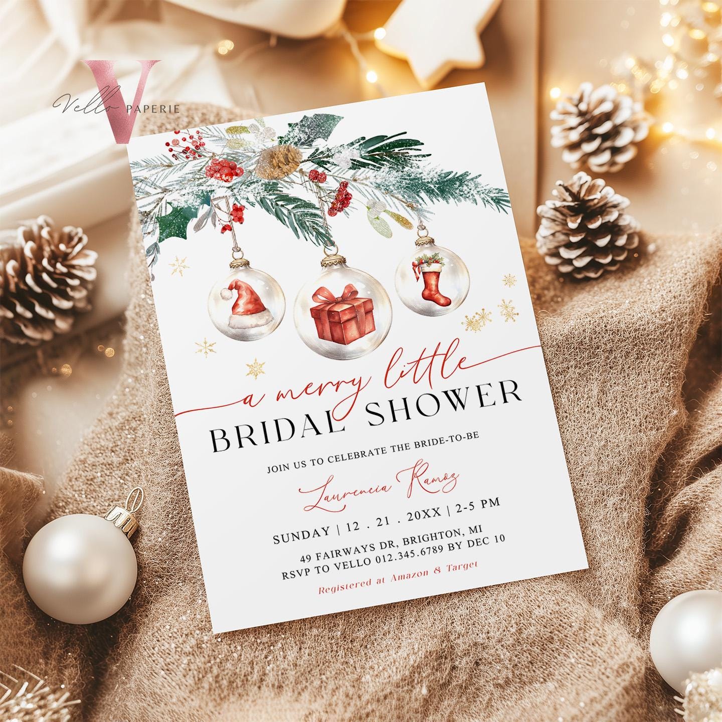 A Merry Little Bridal Shower Invitation | Winter Snow Neutral Bride to Be Invite | Modern Red Santa, Silver Christmas Tree Ball Glass WBD01