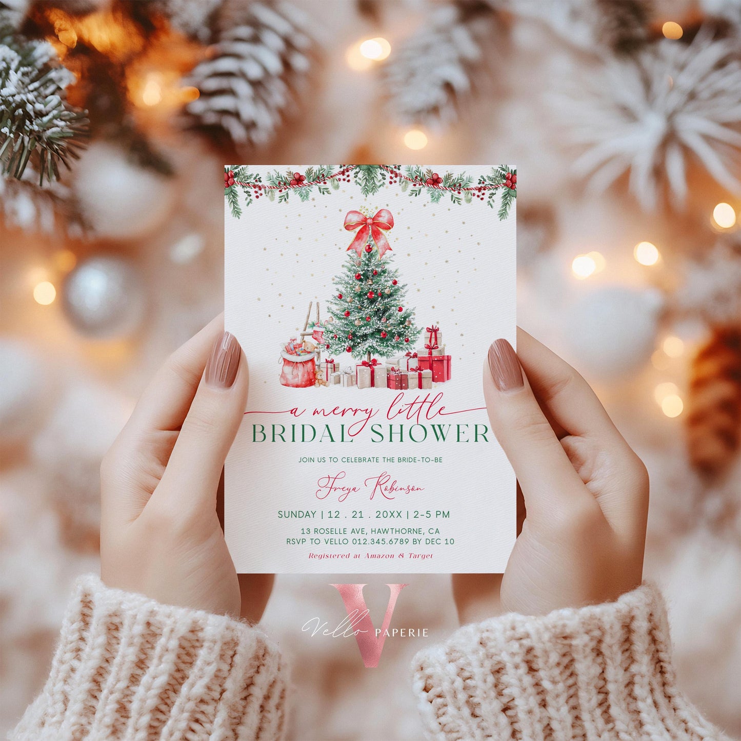 A Merry Little Bridal Shower Invitation | Winter Snow Neutral Bride to Be Invite | Modern Red Green Christmas Shower Decor WBD01