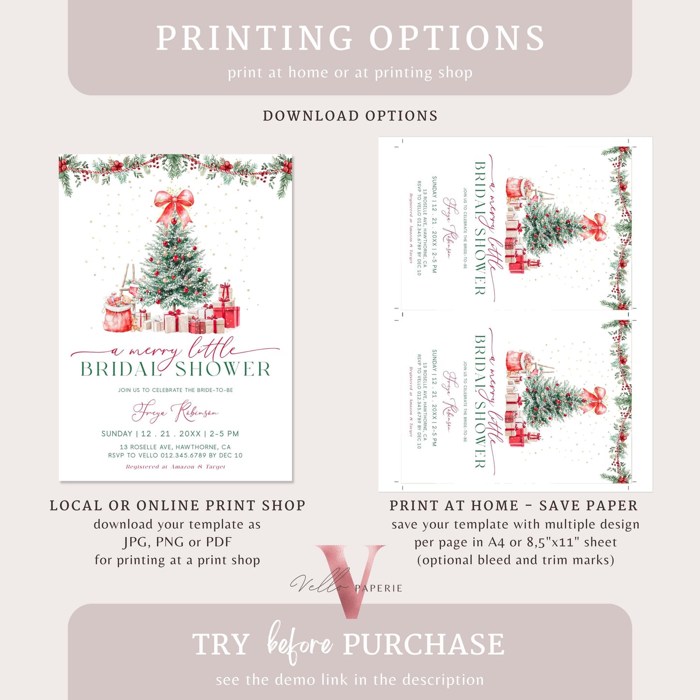 A Merry Little Bridal Shower Invitation | Winter Snow Neutral Bride to Be Invite | Modern Red Green Christmas Shower Decor WBD01