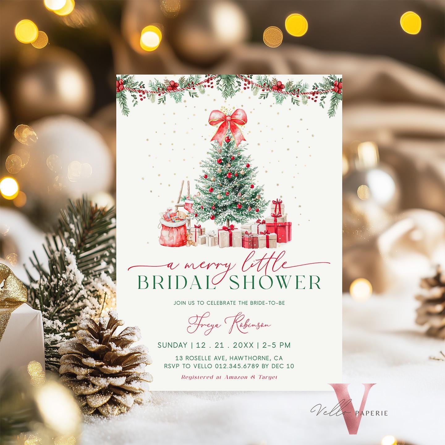 A Merry Little Bridal Shower Invitation | Winter Snow Neutral Bride to Be Invite | Modern Red Green Christmas Shower Decor WBD01