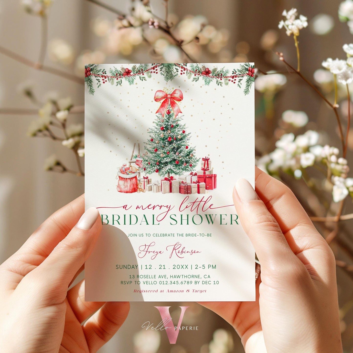 A Merry Little Bridal Shower Invitation | Winter Snow Neutral Bride to Be Invite | Modern Red Green Christmas Shower Decor WBD01