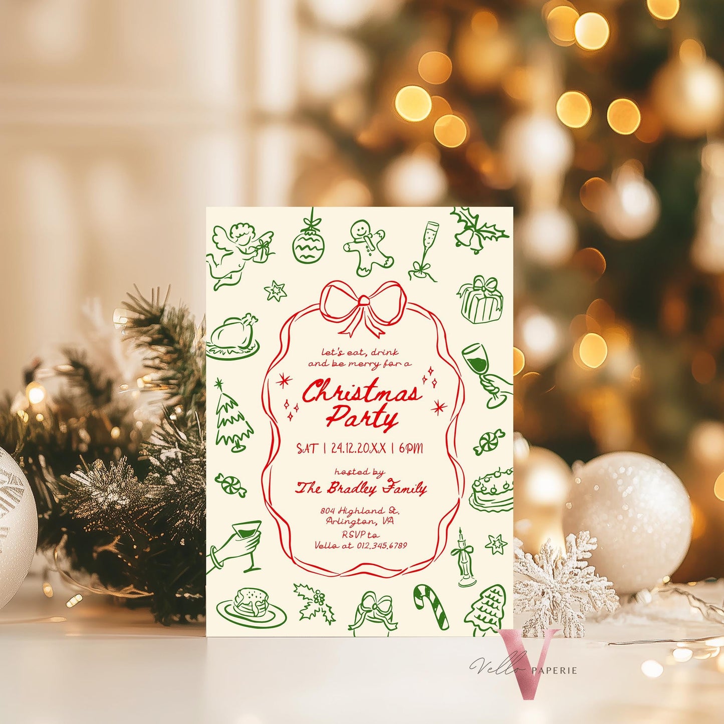 Full Editable Handdrawn Whimsical Christmas Party Invitation | Handwritting Friendsmas Party Invite | Red Green Holiday Cocktail Party WCP01