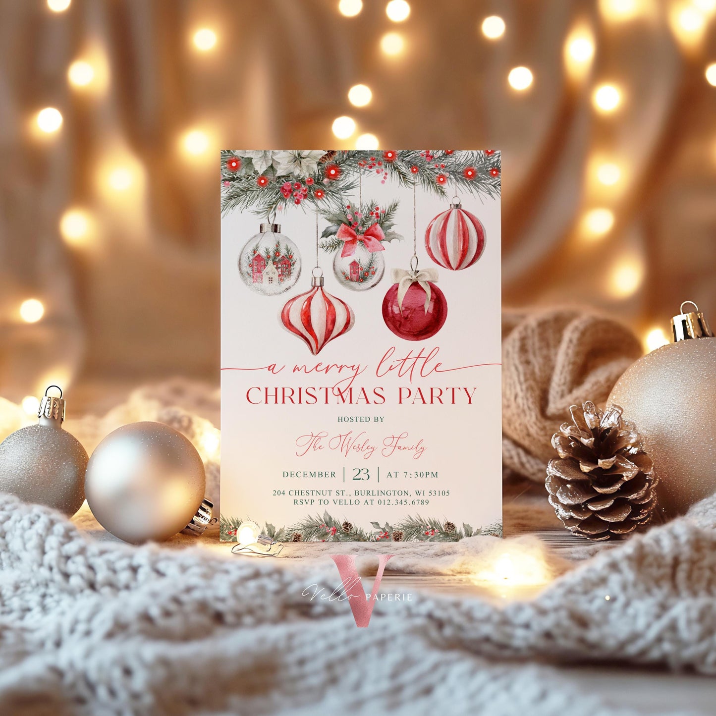 A Merry Little Christmas Party Invitation | Neutral Christmas Open House Invite | Modern Red Silver Friendsmas Party Christmas Decor CHP01