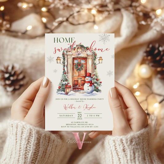 Winter House Warming Invitation | Neutral Red Green Home Sweet Home Party Invite | Modern or Rustic New House Celebration Christmas  WHW01