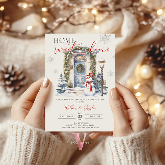 Winter House Warming Invitation | Neutral Silver Door Home Sweet Home Party Invite | Modern or Rustic New House Celebration Christmas  WHW01