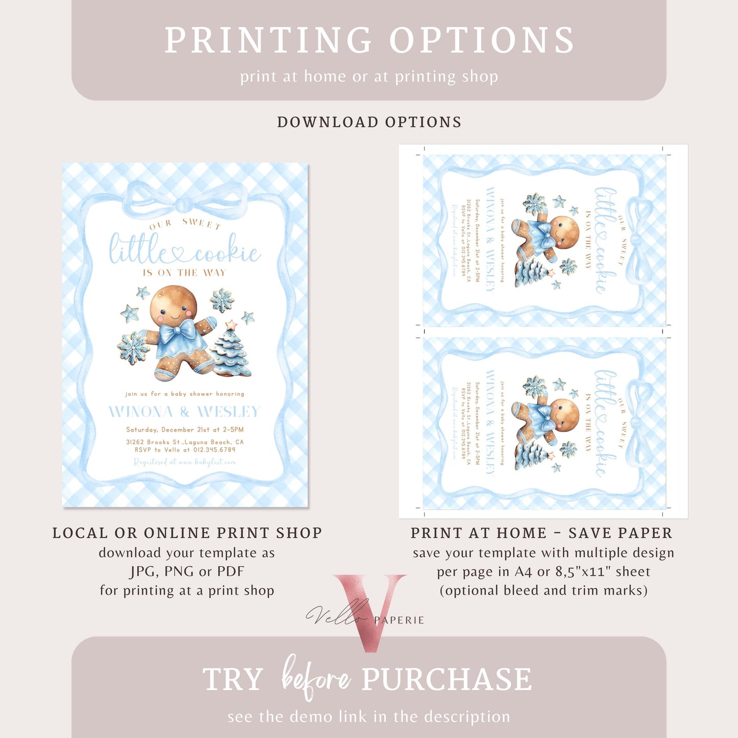 Little Cookie on the way Shower Invite | Winter Boy Gingerbread Baby Shower Invitation | Blue Gingerbread Christmas Season Gingham CWBS01