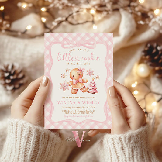 Little Cookie on the way Shower Invite | Winter Girl Gingerbread Baby Shower Invitation | Pink Gingerbread Christmas Season Gingham CWBS01