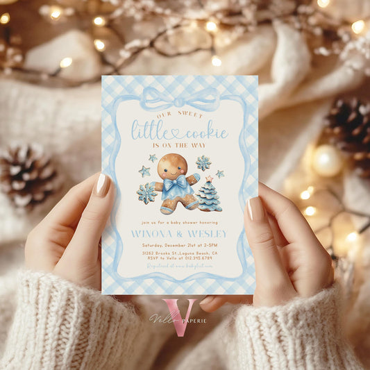 Little Cookie on the way Shower Invite | Winter Boy Gingerbread Baby Shower Invitation | Blue Gingerbread Christmas Season Gingham CWBS01