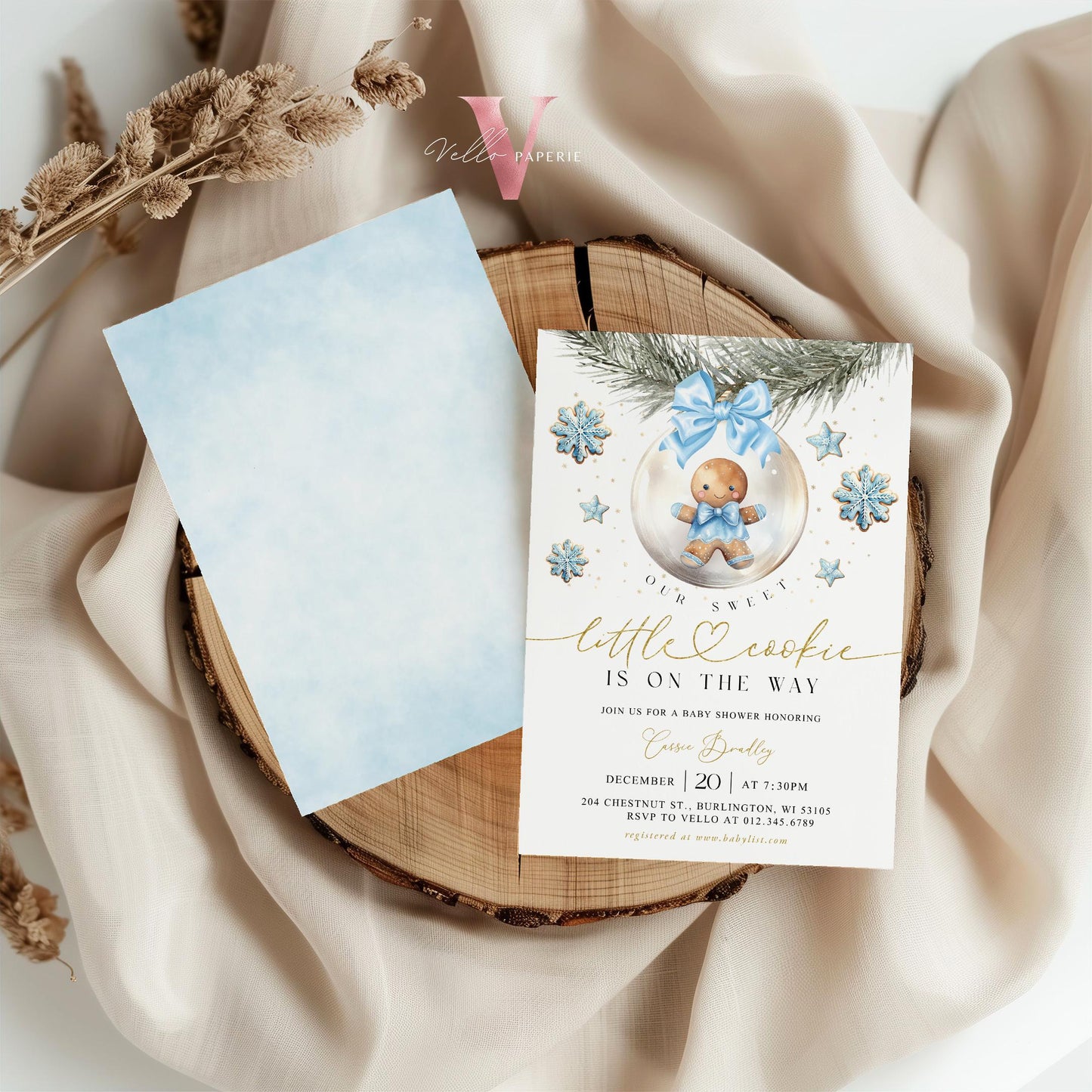 Winter Little Cookie on the way Shower Invite | Boy Gingerbread Baby Shower Invitation | Blue Gold Gingerbread on Christmas Bauble CWBS01