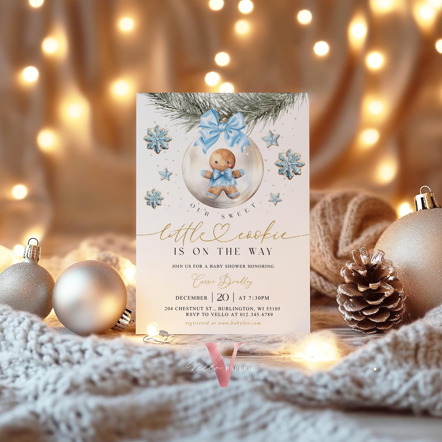 Winter Little Cookie on the way Shower Invite | Boy Gingerbread Baby Shower Invitation | Blue Gold Gingerbread on Christmas Bauble CWBS01