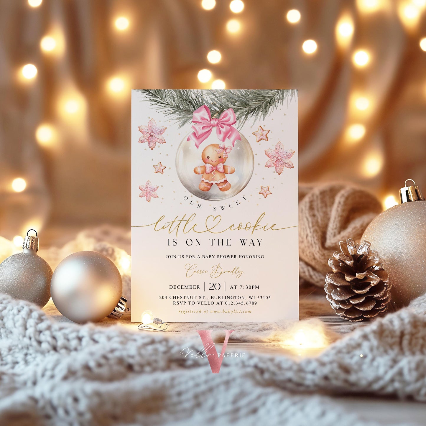 Winter Little Cookie on the way Shower Invite | Girl Gingerbread Baby Shower Invitation | Pink Gold Gingerbread on Christmas Bauble CWBS01