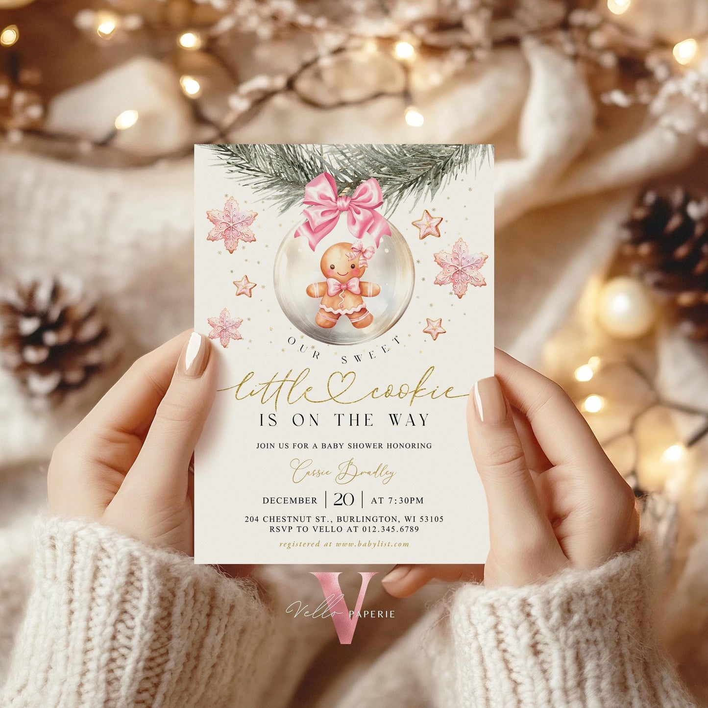 Winter Little Cookie on the way Shower Invite | Girl Gingerbread Baby Shower Invitation | Pink Gold Gingerbread on Christmas Bauble CWBS01