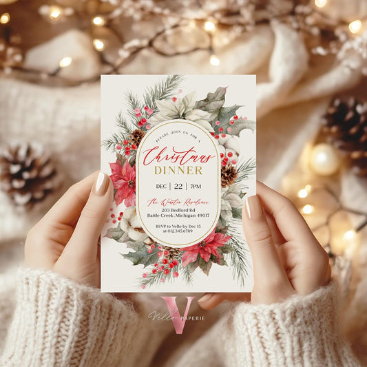 Classic Floral Christmas Dinner Invitation | Neutral Christmas Open House Invite | Modern or Rustic Red Winter Flower Friendsmas Party CHP01