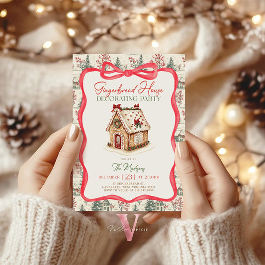 Editable Toile Gingerbread House Decorating Party Invite | Fun Holiday Baking Party Invitation | Chinoiserie Cookie Christmas Celebration