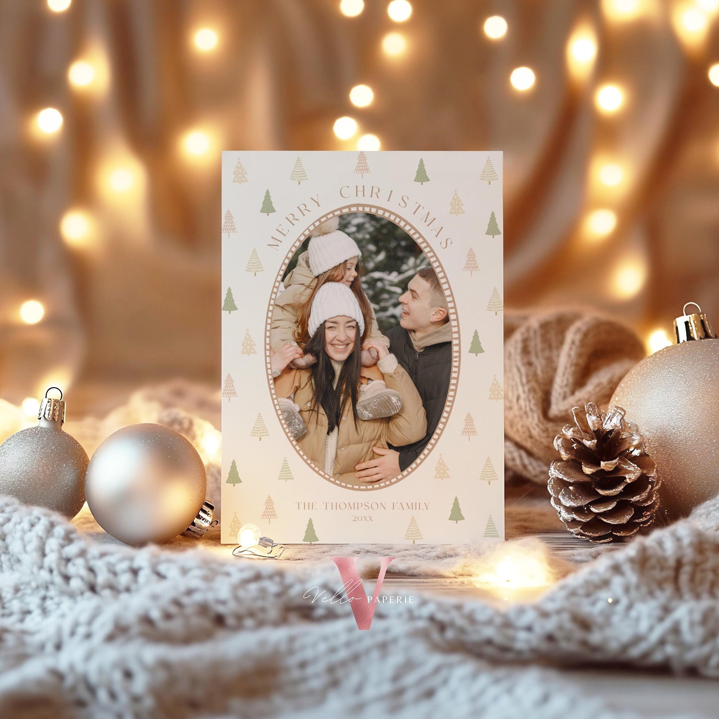 Printable Boho Photo Christmas Card Template | Modern Bohemian Winter Photo Holiday Card | Oval Photo Frame Christmas Tree Greeting PCC12