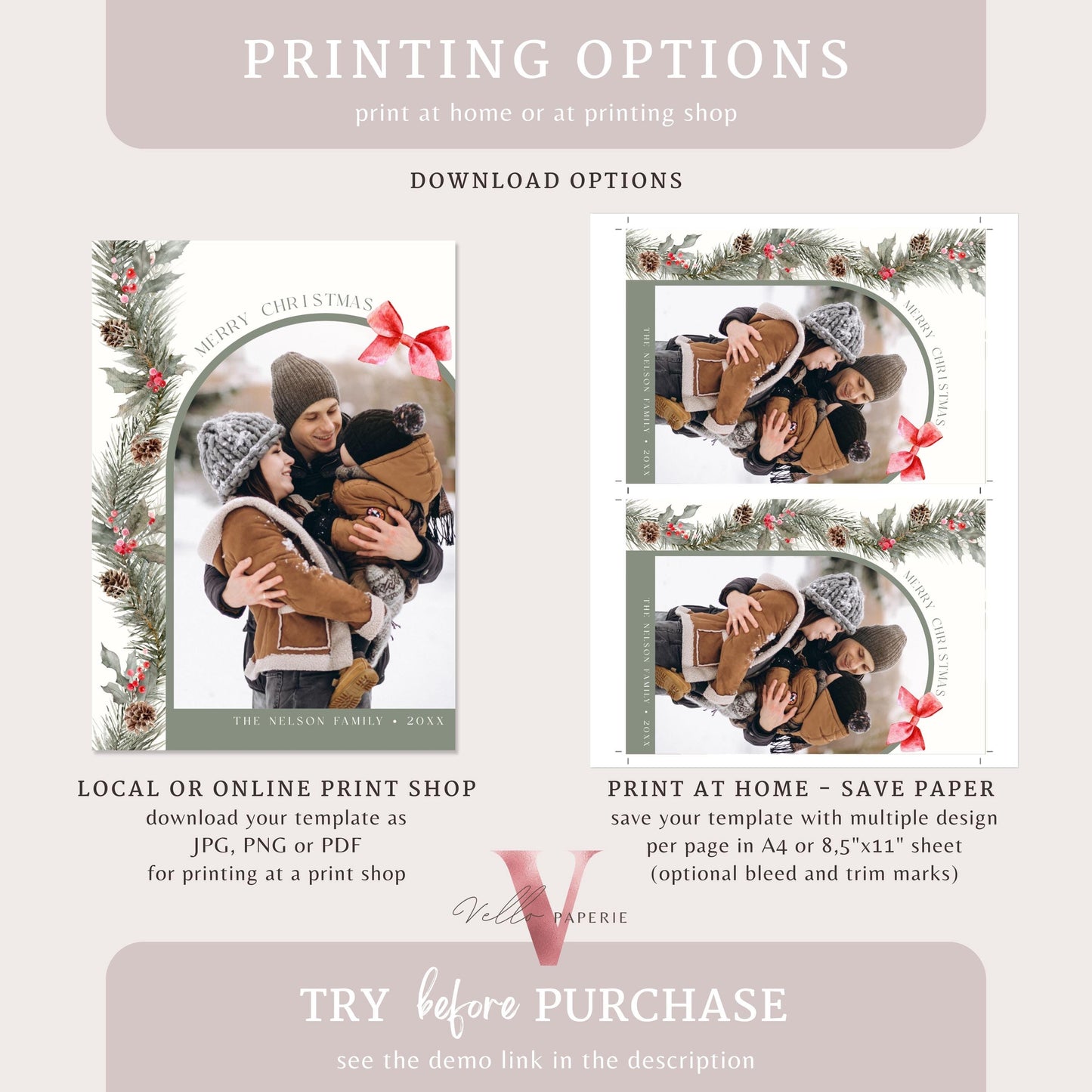 Printable 3 Designs Modern Photo Christmas Card Template | Winter Floral Photo Holiday Card | Botanical Arch Winter Christmas Photo PCC12