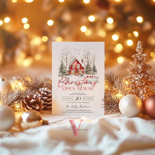 Editable Printable Cozy Christmas Open House Invitation | Neutral Winter Christmas Party Invite | Red Holiday House, Winter Holiday CHP01