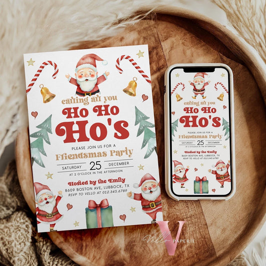 Free EVITE Cute Santa Christmas Party Invitation | Calling All You Ho Ho Ho Red Santa Invite | Fun Winter Holiday Friendsmas Party CHP01