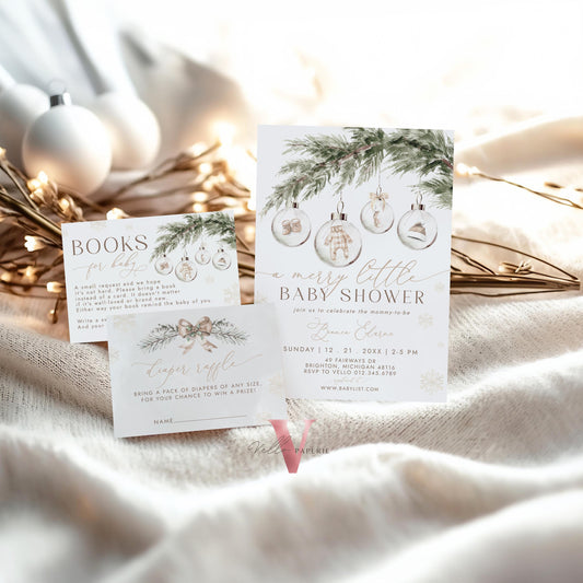 BUNDLE Boho A Merry Little Baby Shower Invitation | Winter Gender Neutral Baby Santa Invite | Modern Beige Silver Christmas Glass CWBS01