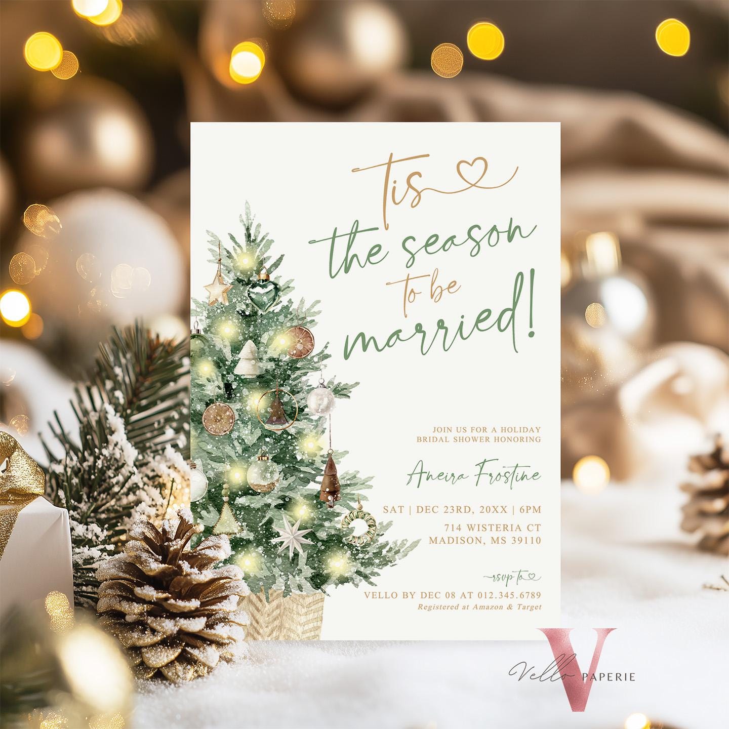 Tis the season to be married Bridal Shower Invitation | Winter Neutral Christmas Tree Bride to Be Invite, Couple Shower Wedding Shower WBD01