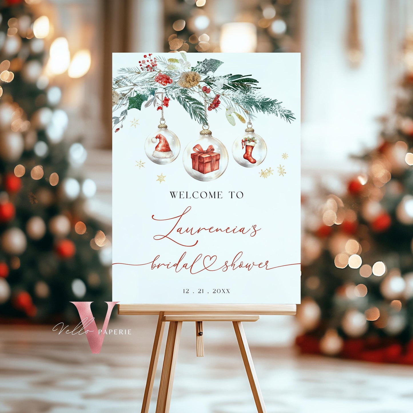 Merry Little Bridal Shower Welcome Sign | Winter Snow Neutral Bride to Be Party Decor Sign | Modern Red Silver Christmas Tree Glass WBD01