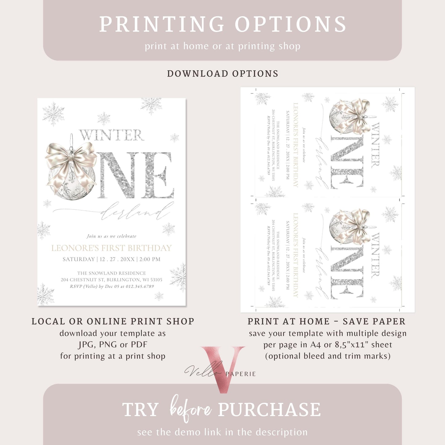 Editable Coquette WINTER ONEderland Invitation | Neutral Silver Winter Wonderland Invite | Snowflake First Birthday Party Bow Christmas Ball