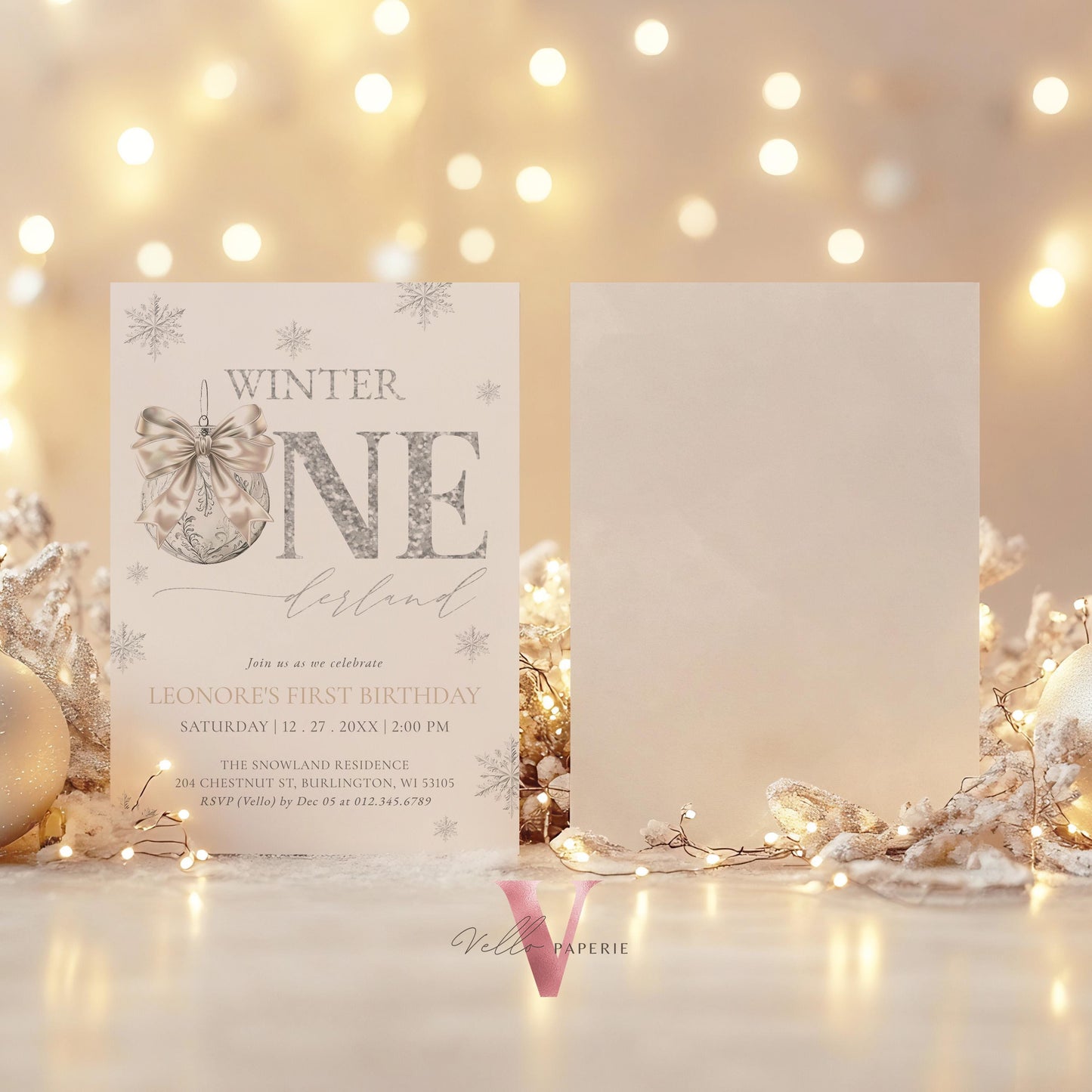 Editable Coquette WINTER ONEderland Invitation | Neutral Silver Winter Wonderland Invite | Snowflake First Birthday Party Bow Christmas Ball