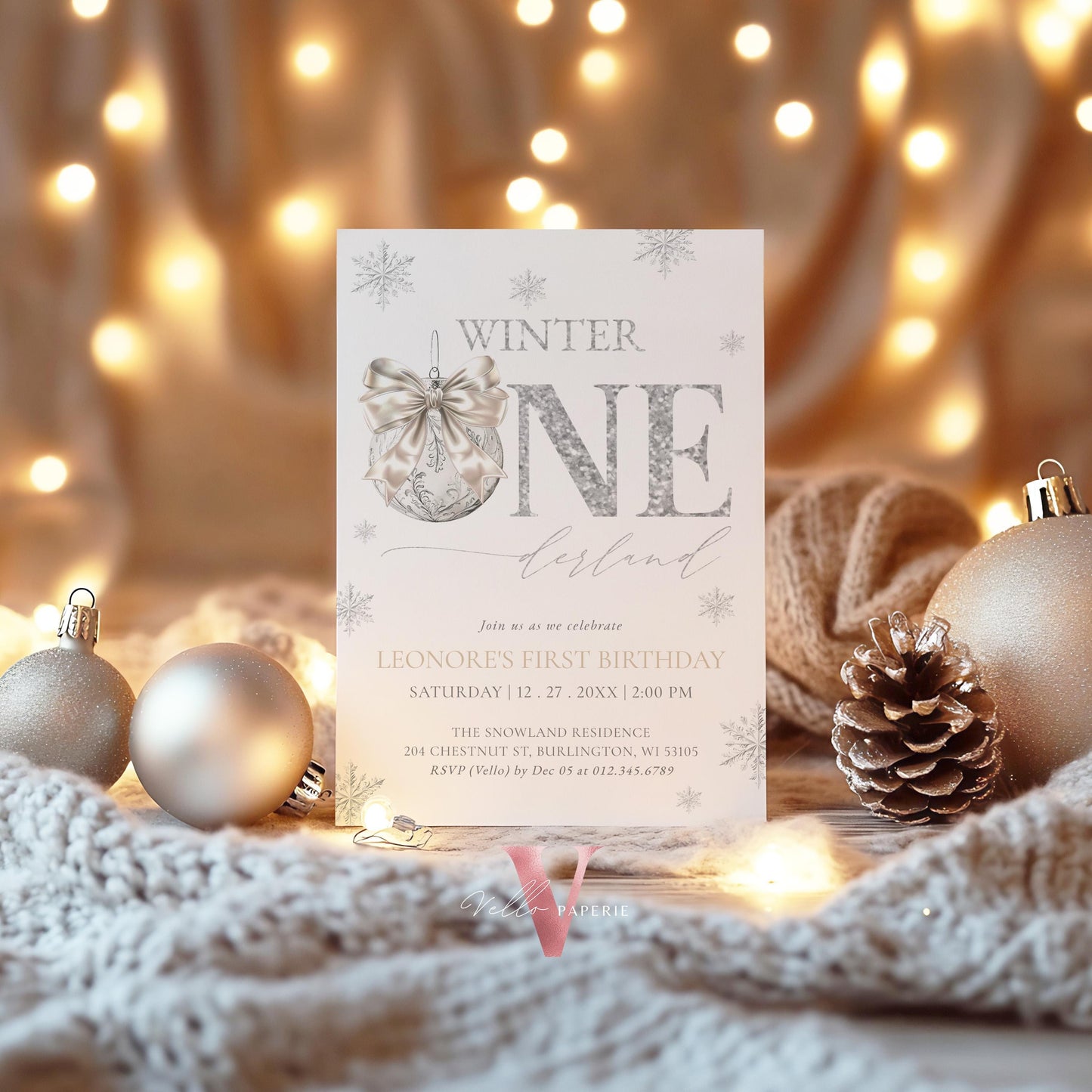 Editable Coquette WINTER ONEderland Invitation | Neutral Silver Winter Wonderland Invite | Snowflake First Birthday Party Bow Christmas Ball