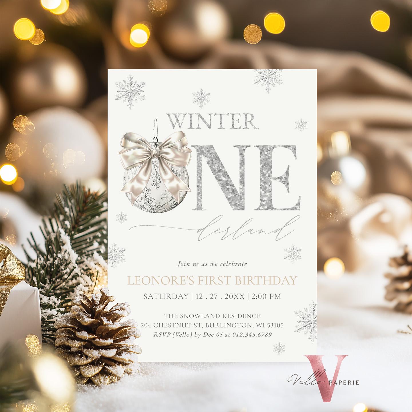 Editable Coquette WINTER ONEderland Invitation | Neutral Silver Winter Wonderland Invite | Snowflake First Birthday Party Bow Christmas Ball