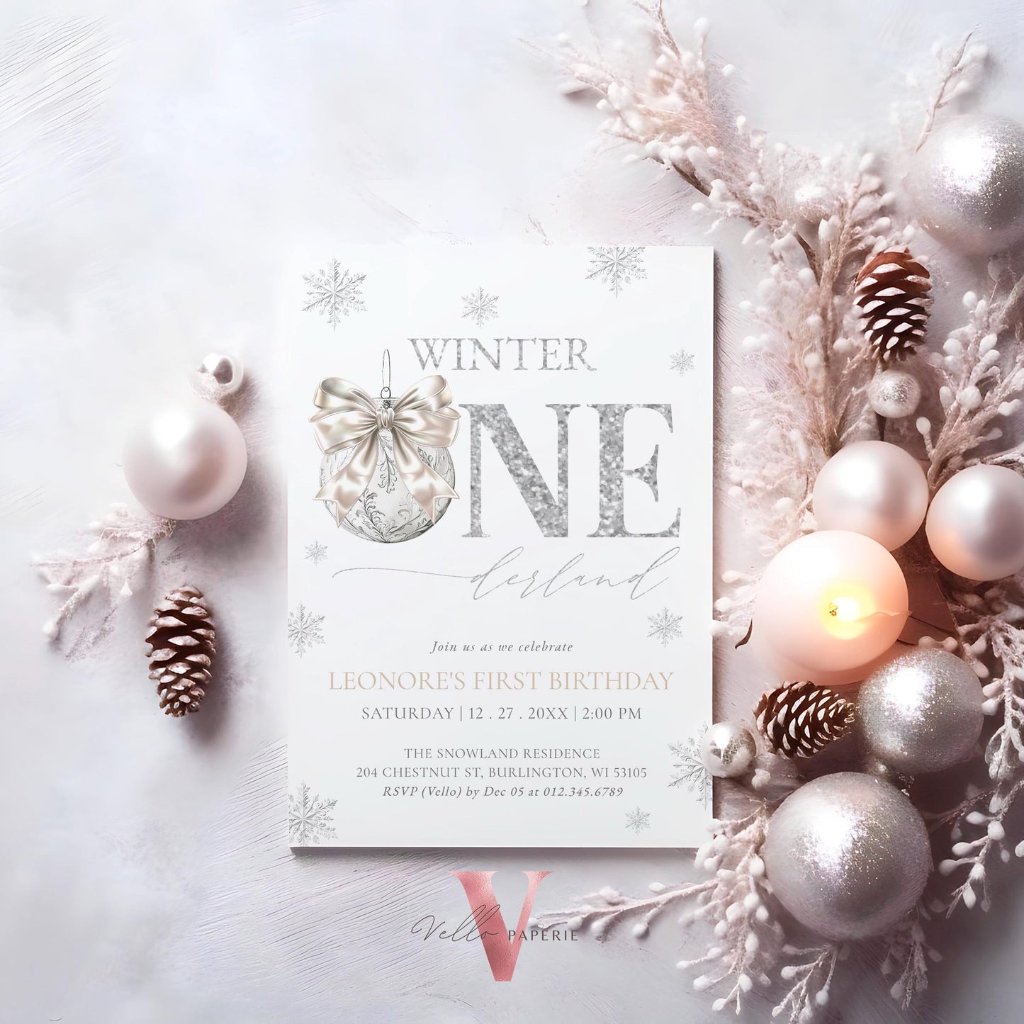 Editable Coquette WINTER ONEderland Invitation | Neutral Silver Winter Wonderland Invite | Snowflake First Birthday Party Bow Christmas Ball