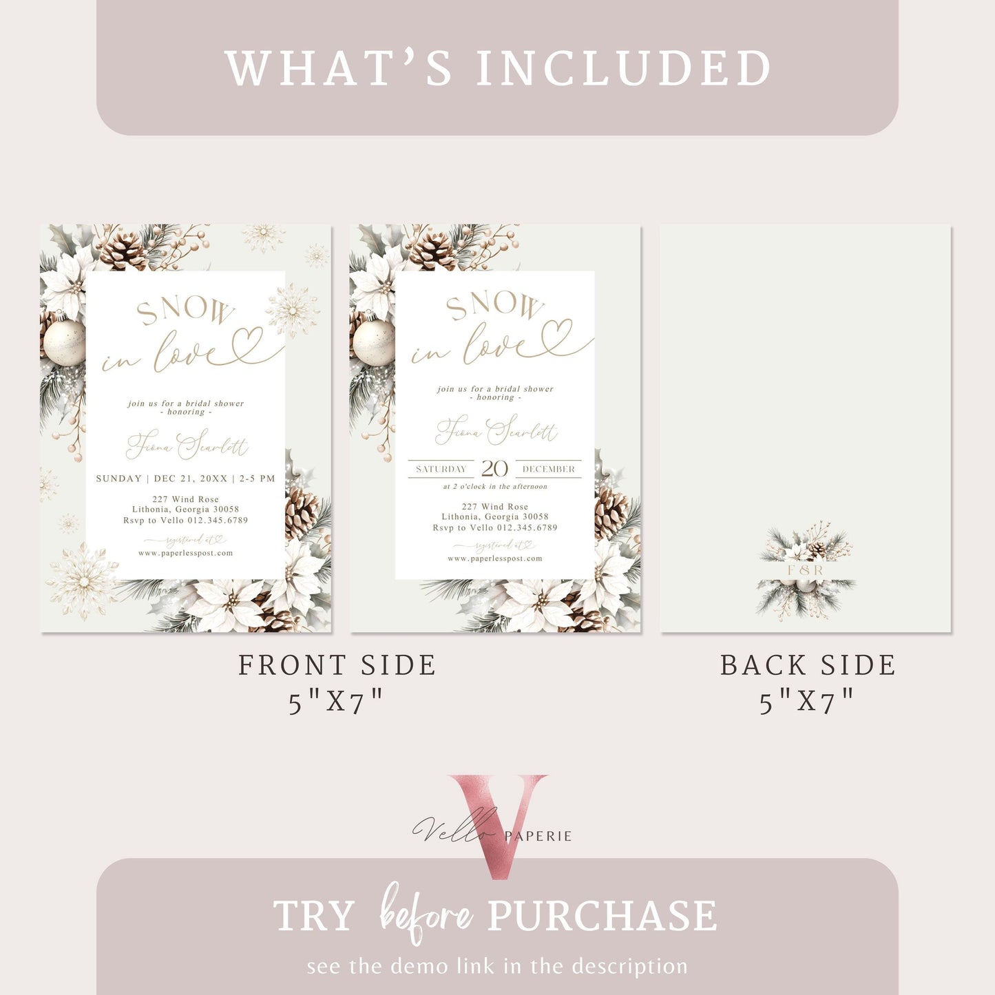 2 DESIGNS Neutral SNOW in LOVE Bridal Shower Invitation | Winter Snowflakes Christmas Floral Bride to Be, Couple Shower Wedding Shower WBD01