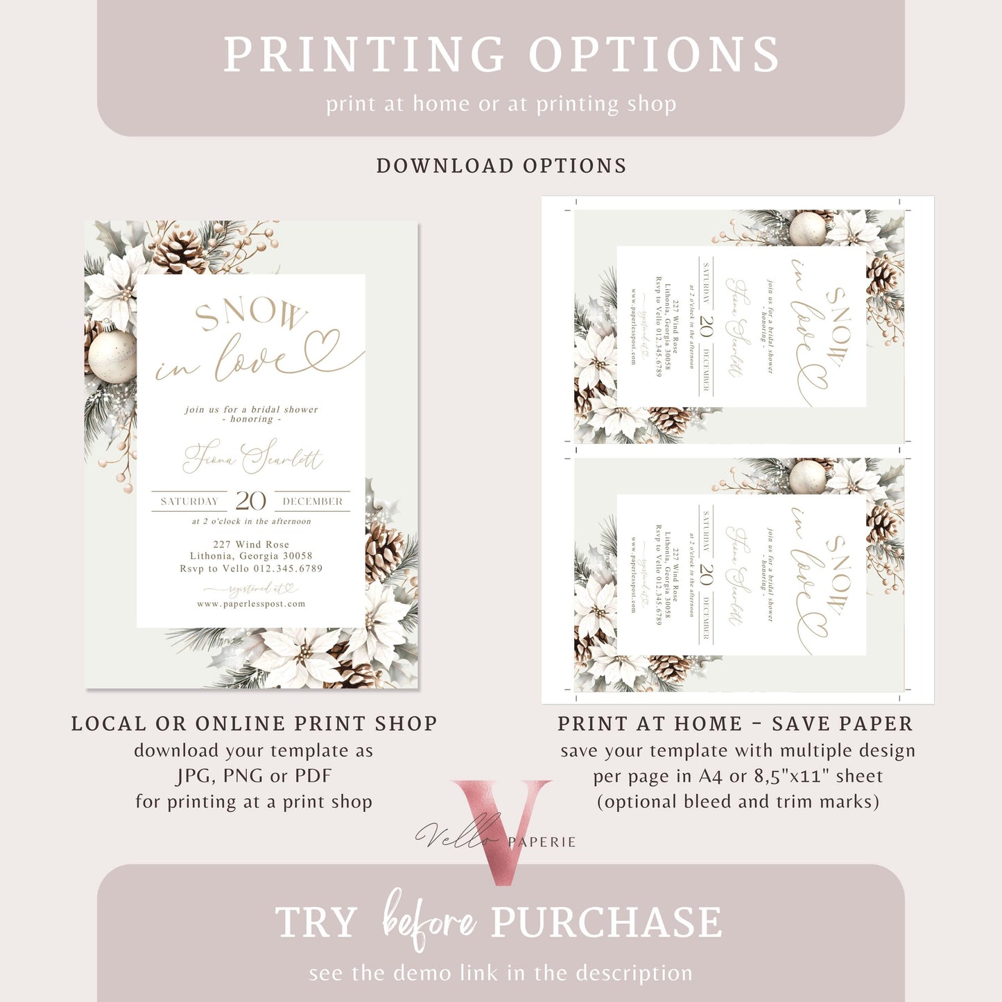 2 DESIGNS Neutral SNOW in LOVE Bridal Shower Invitation | Winter Snowflakes Christmas Floral Bride to Be, Couple Shower Wedding Shower WBD01