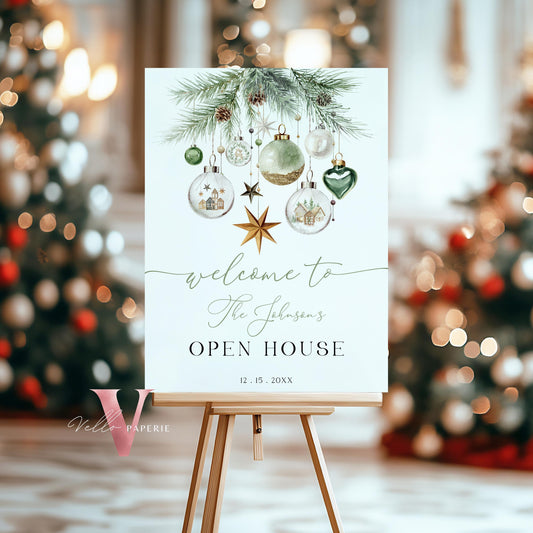 Merry Little Open House Welcome Sign | Neutral Christmas Party Decor Sign | Boho Silver Green Friendsmas Party Invite Christmas Decor CHP01