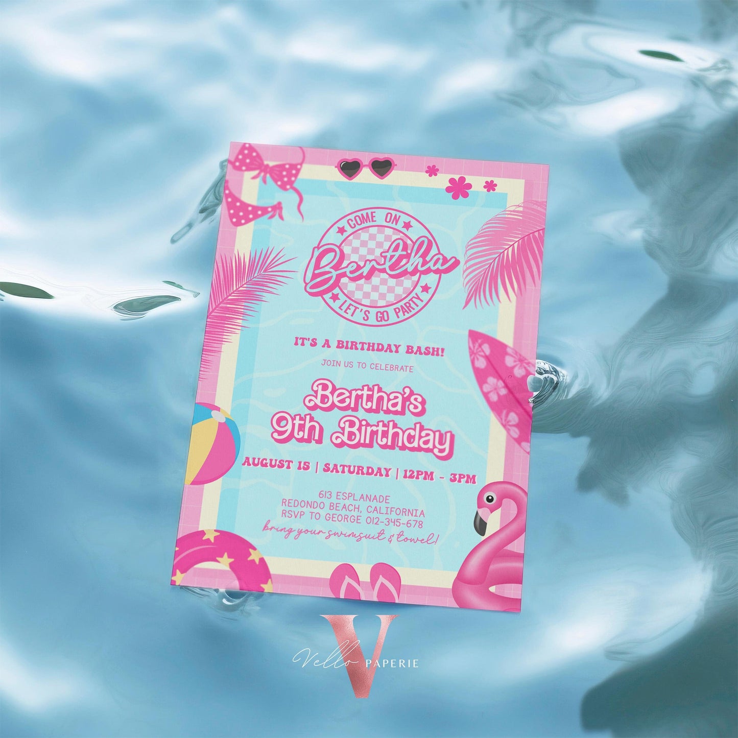 Pink Doll Pool Birthday Invitation | Editable Printable Malibu Pool Party Invite | Pink Blue Malibu Come On Lets Go Party Instant  PDP01