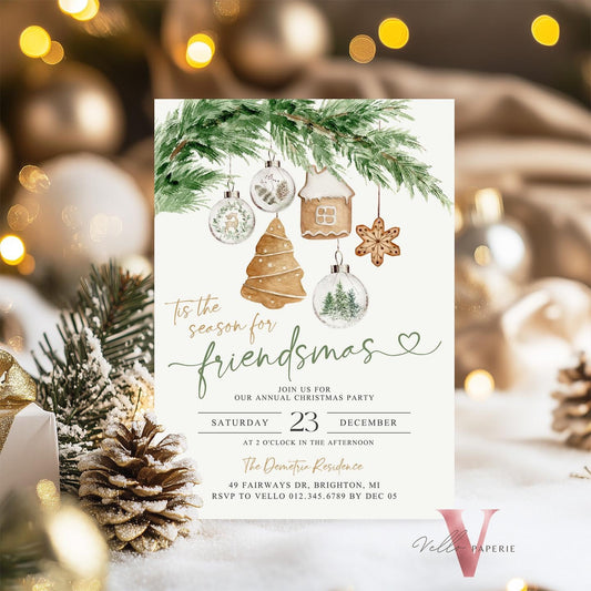 Editable Printable Tis the season for Friendsmas Invitation | Neutral Winter Christmas Party Invite | Holiday Party Invite Christmas CHP01