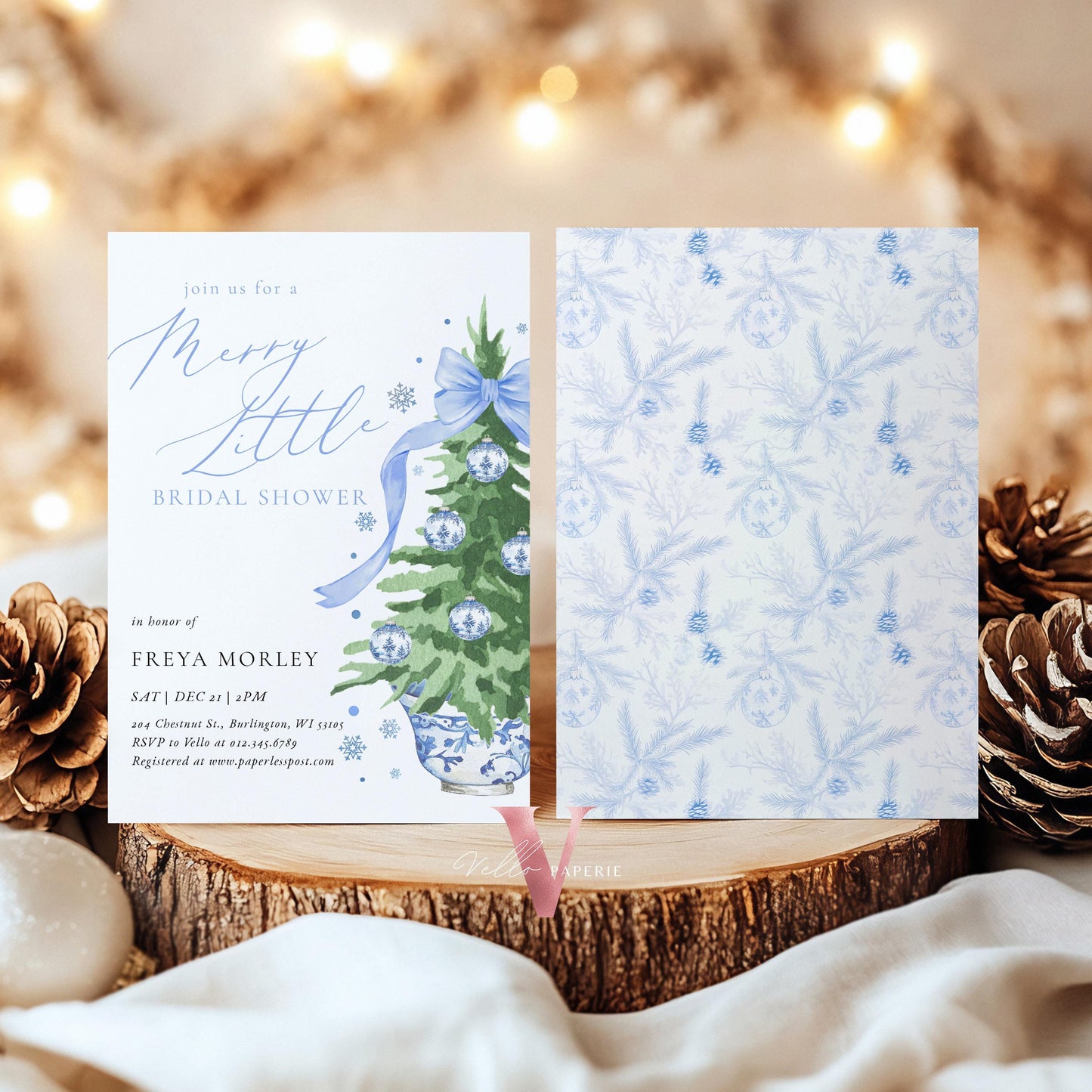 Editable Chinoiserie Christmas Bridal Shower Invitation | Blue Christmas Tree Party Invite | Winter Blue Toile de Juoy Christmas Bride WBD01