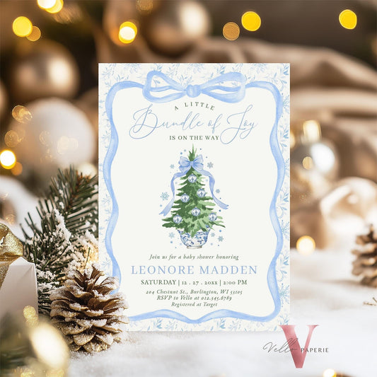 Editable Little Bundle of Joy Christmas Baby Shower Invitation | Blue Christmas Tree Shower Invite | Winter Chinoiserie Christmas Baby WBS01