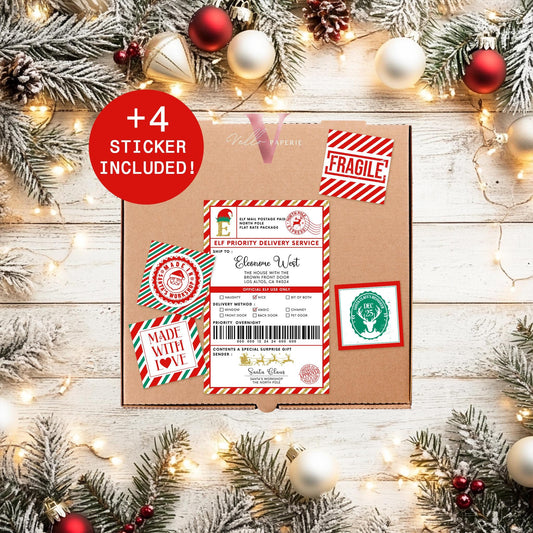 Editable Printable Elf Shipping Label | Red Gold Santa's Workshop Christmas Special Delivery Label | Santa North Pole Elf Mail Gift Tag ESL1