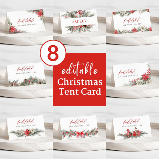 Editable 8 designs Modern Christmas Floral Place Card, Food Label | Holiday Party Name, Seating Card | Watercolor Christmas Tent Card RCPF1