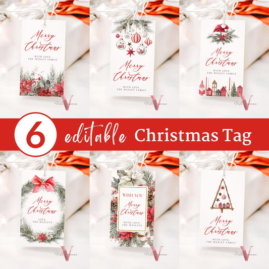 Editable 6 designs Modern Minimalist Merry Christmas Tags | Red Green Christmas Floral Tag | Watercolor Christmas Ornament Holiday Tag RCPF1