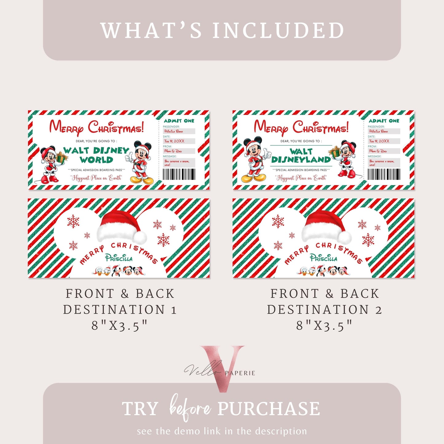 Editable Printable Christmas Disneyworld / Disneyland Ticket | Theme Park Surprise Reveal Ticket | Disney Trip Ticket, Christmas Gift DST12