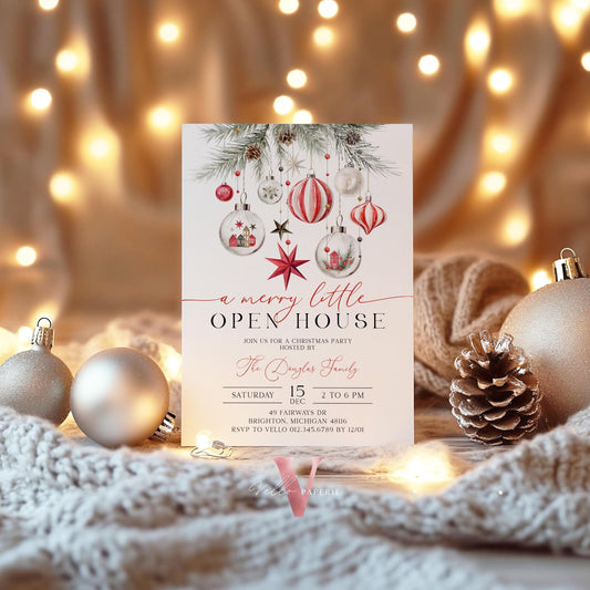 Merry Little Open House Invitation | Neutral Christmas Party Invite | Modern Red Silver Friendsmas Party Invite Christmas Decor CHP01