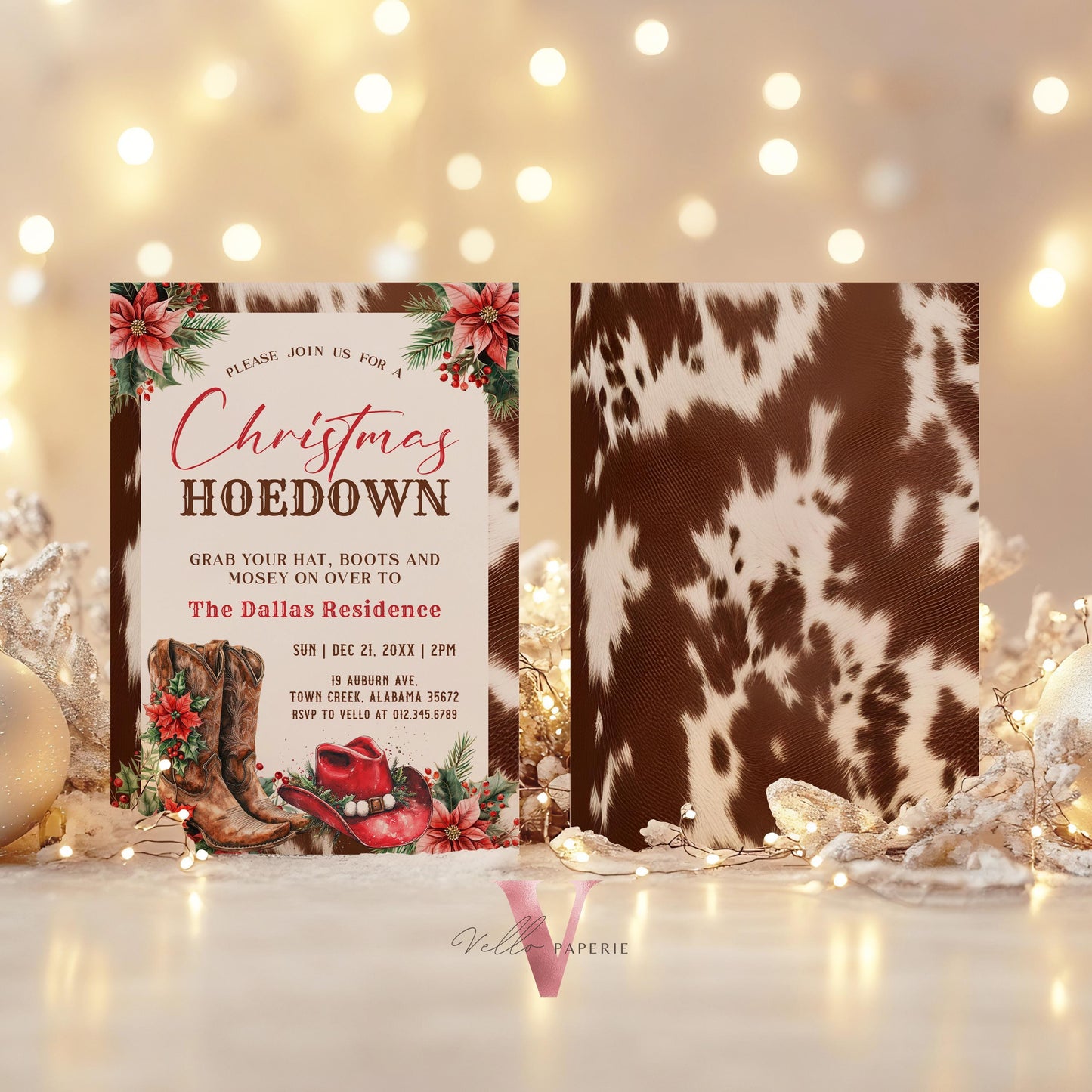 Editable Western Christmas Hoedown Party Invitation | Merry Little Open House Cowboy Holiday Party Invite | Rustic Boots Friendsmas WCH01