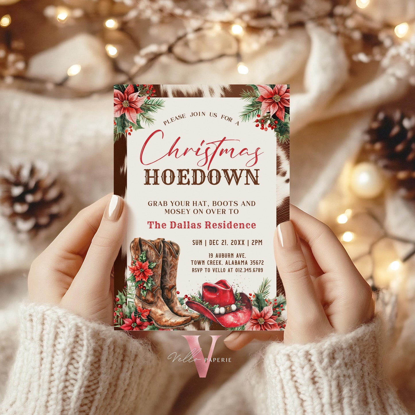 Editable Western Christmas Hoedown Party Invitation | Merry Little Open House Cowboy Holiday Party Invite | Rustic Boots Friendsmas WCH01