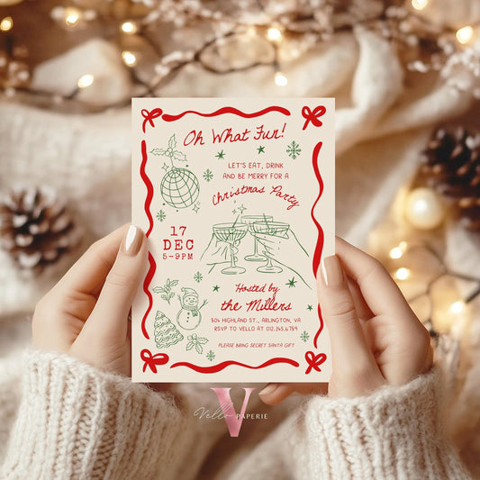 Full Editable Handdrawn Merry Little Christmas Party Invitation | Whimsical Friendsmas Party Invite | Red Green Holiday Cocktail Party WCP01