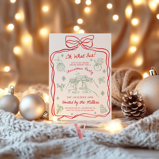 Full Editable Handdrawn Merry Little Christmas Party Invitation | Whimsical Friendsmas Party Invite | Red Green Holiday Cocktail Party WCP01