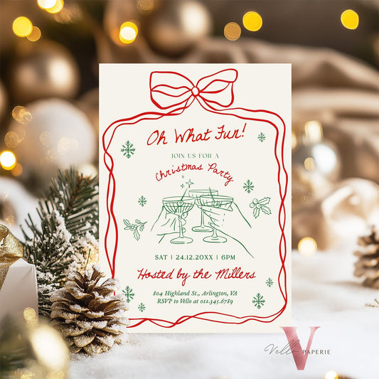 Full Editable Handdrawn Merry Little Christmas Party Invitation | Whimsical Friendsmas Party Invite | Red Green Holiday Cocktail Party WCP01