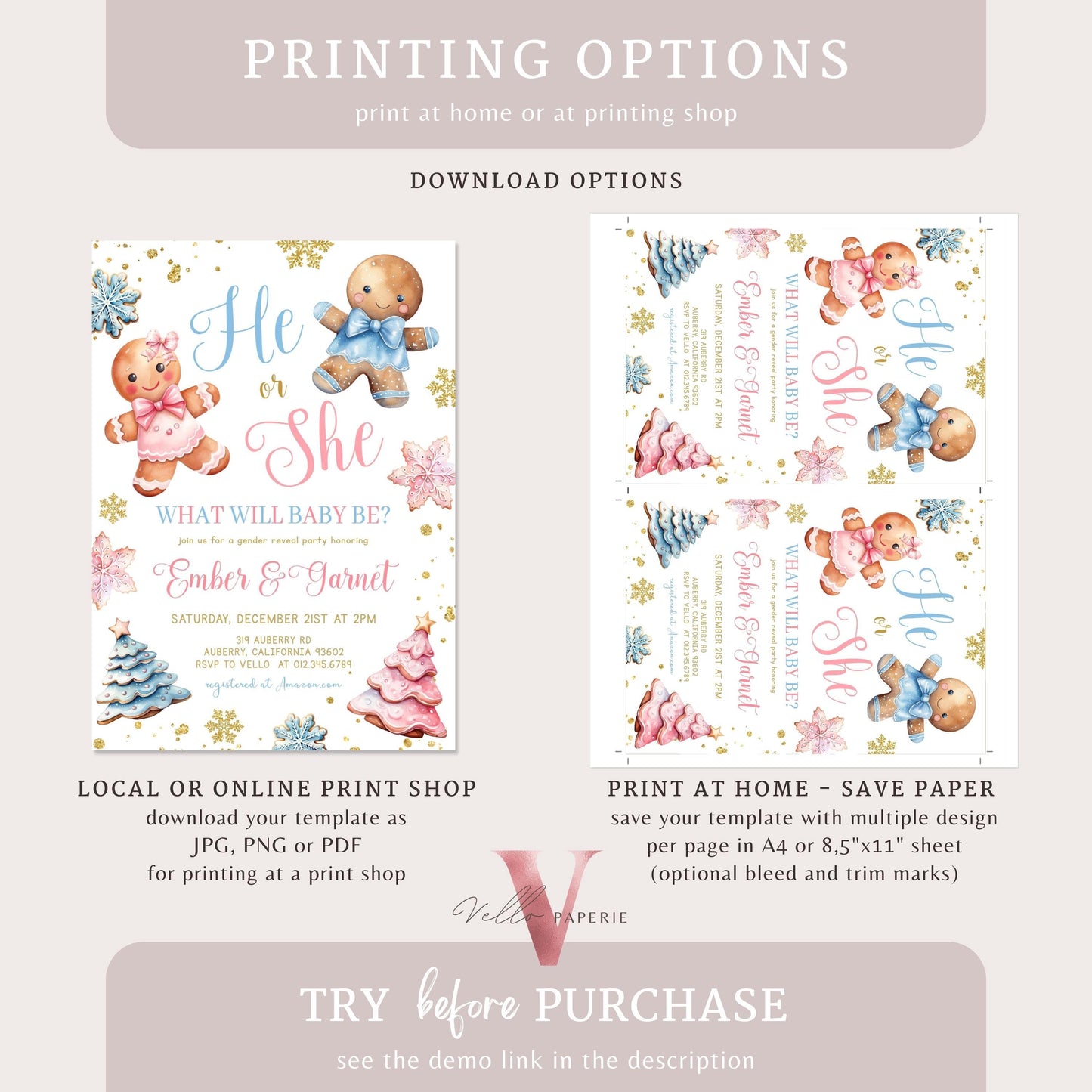 He or She Gingerbread Baby Shower Invitation | Winter Gender Reveal Baby Coming Invite | Pink Blue Gingerbread Christmas Cookie Party CWBS01